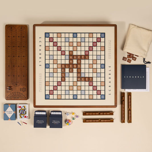 WS Game Company - 3-in-1 Premium Game Collection Scrabble Trivial Pursuit and Cribbage - Games