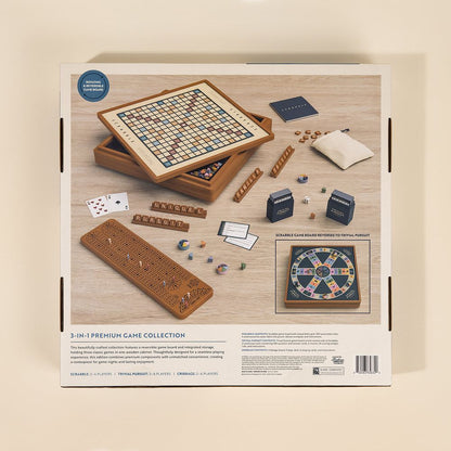 WS Game Company - 3-in-1 Premium Game Collection Scrabble Trivial Pursuit and Cribbage - Games