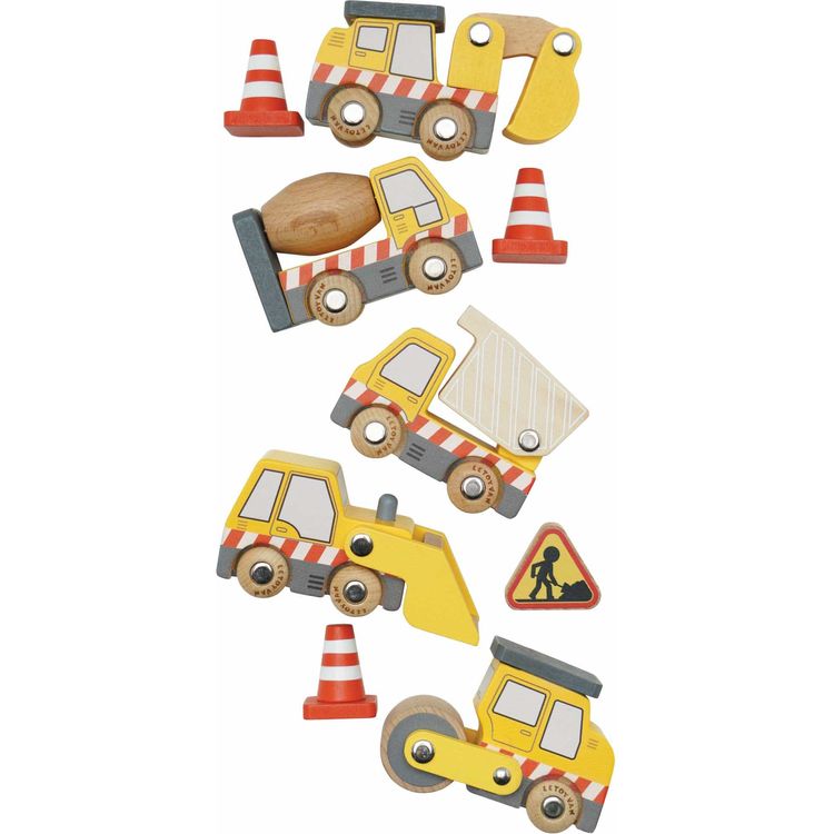 Le Toy Van - 7 Piece Wood Construction Toy Cars, Trucks & Diggers Set - Preschool