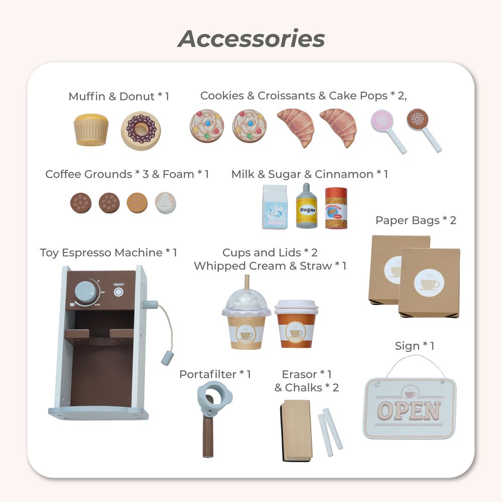 Teamson Kids - Espresso Treats Wooden Coffee Stand with 29 Accessories - Preschool