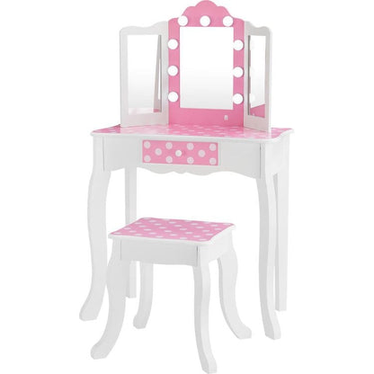 Teamson Kids - Fantasy Fields Gisele Polka Dot Kids Vanity Table & Stool with LED - Room Decor
