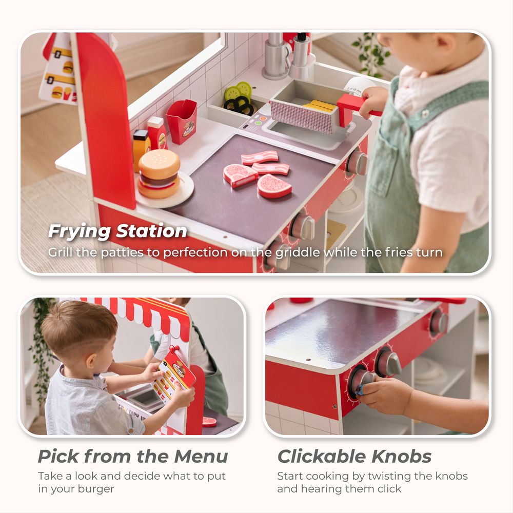 Teamson Kids - Flip & Fry Wooden Burger Shop with 29 Pcs Accessories - Preschool