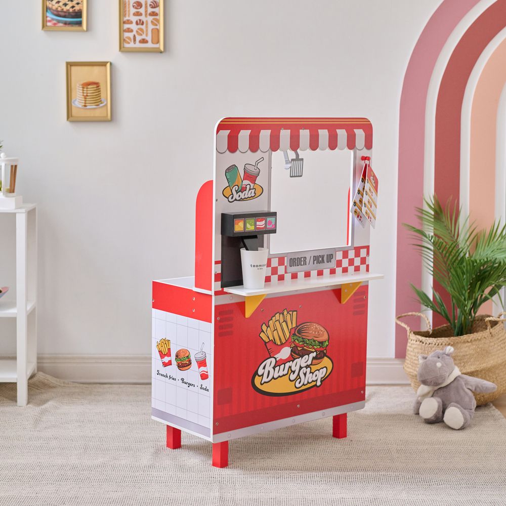 Teamson Kids - Flip & Fry Wooden Burger Shop with 29 Pcs Accessories - Preschool