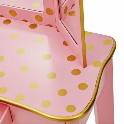 Teamson Kids - Gisele Polka Dot Vanity with Mirror & Stool - Pink - Room Decor