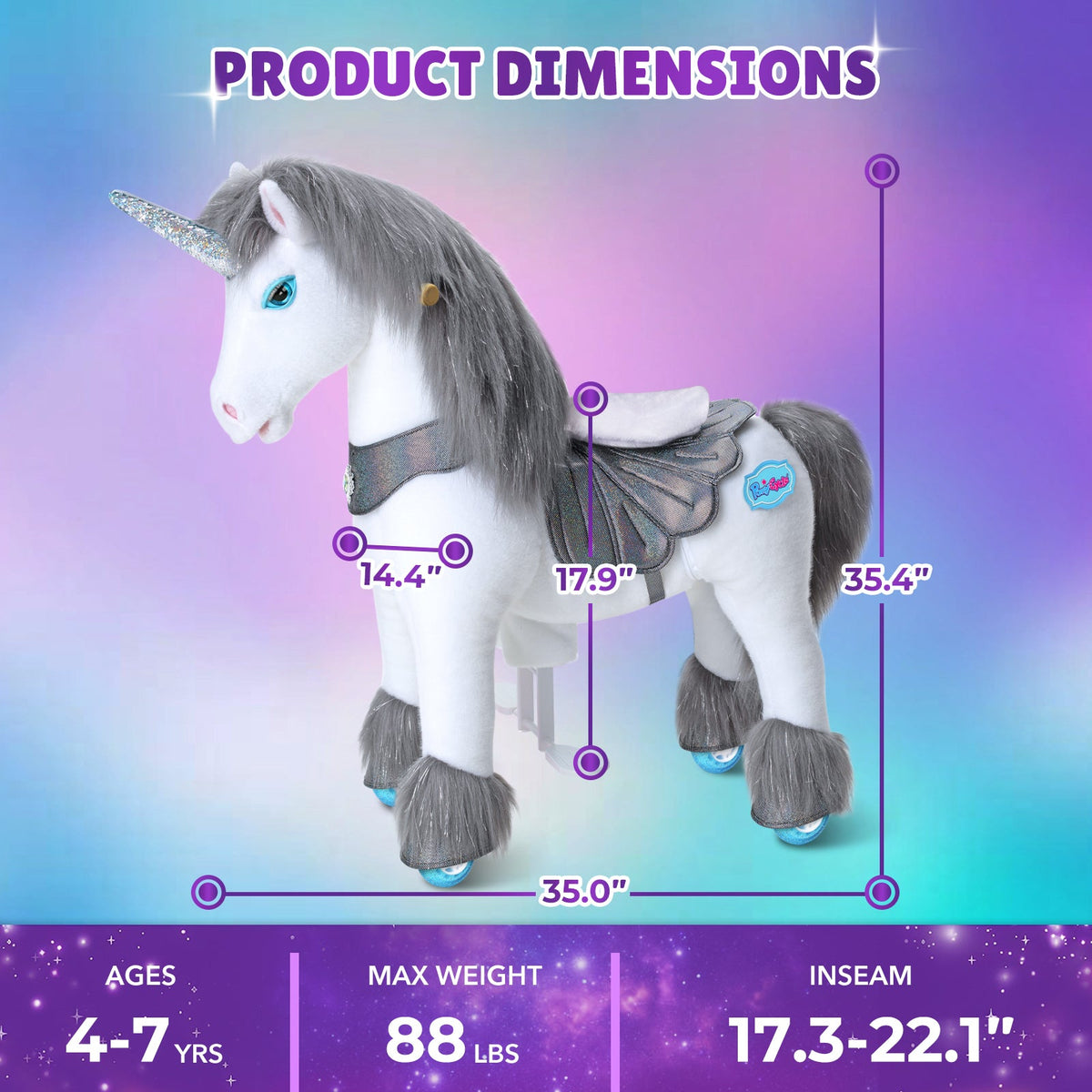 PonyCycle, Inc. - Grey Unicorn Model Y Ride on Toy - 4-7 Years - Outdoor