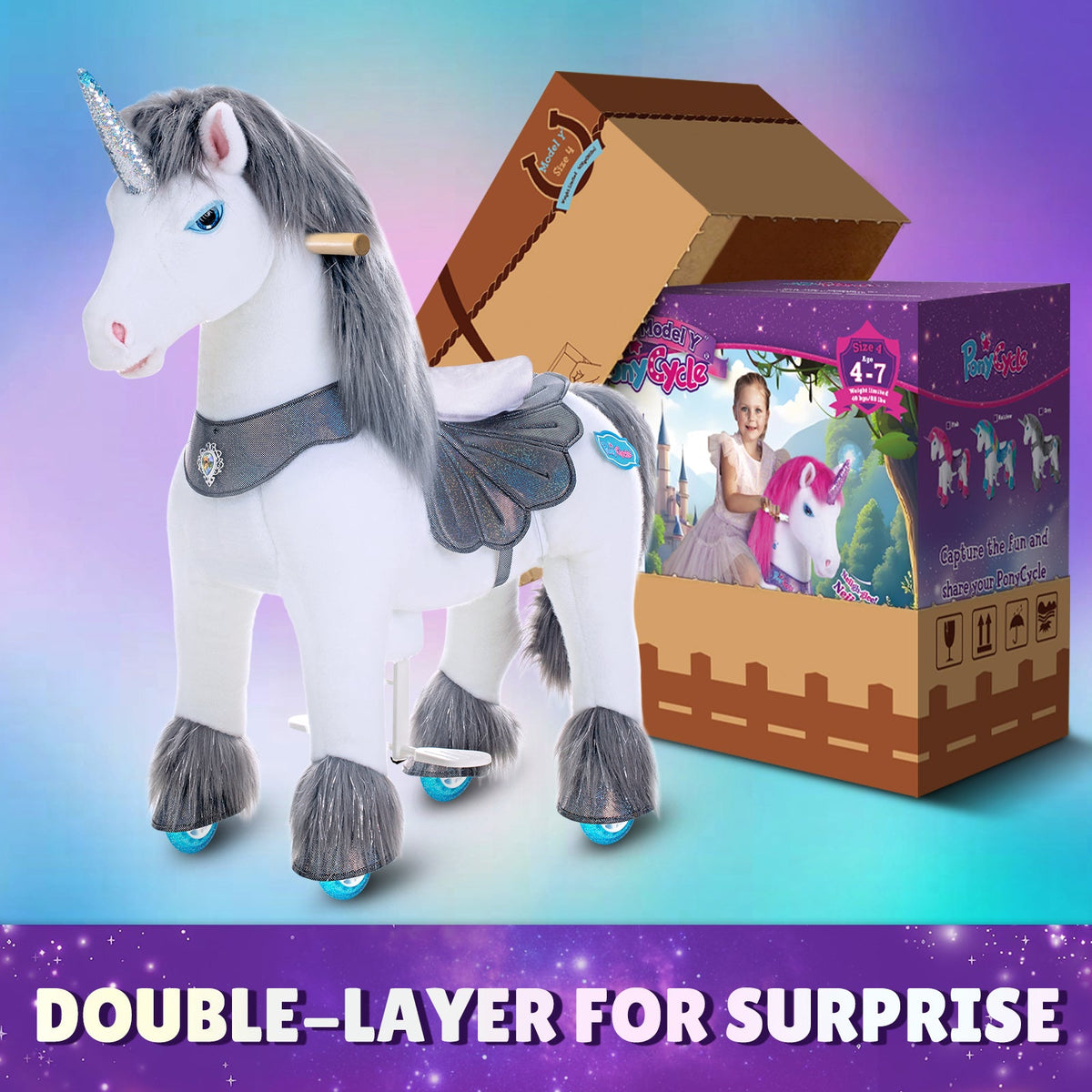PonyCycle, Inc. - Grey Unicorn Model Y Ride on Toy - 4-7 Years - Outdoor
