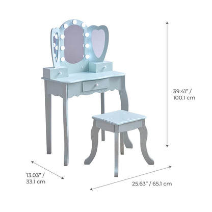 Teamson Kids - Heart Glow Wooden Vanity Set with LED Lights Mirror & Stool - Blue - Room Decor