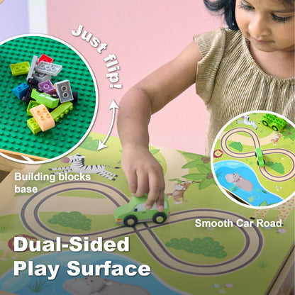Teamson Kids - Jungle Giraffe 2-in-1 Wooden Activity Table + 23 Accessories & 1 Car - Preschool