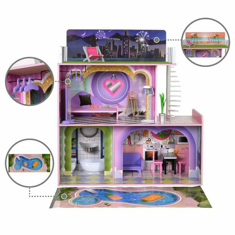 Teamson Kids - Kids Dreamland Sunset 3-Level Dollhouse Set for 12" Dolls - Preschool