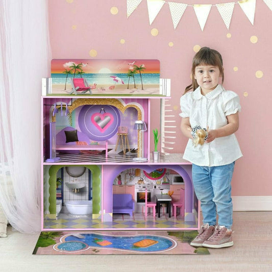 Teamson Kids - Kids Dreamland Sunset 3-Level Dollhouse Set for 12" Dolls - Preschool