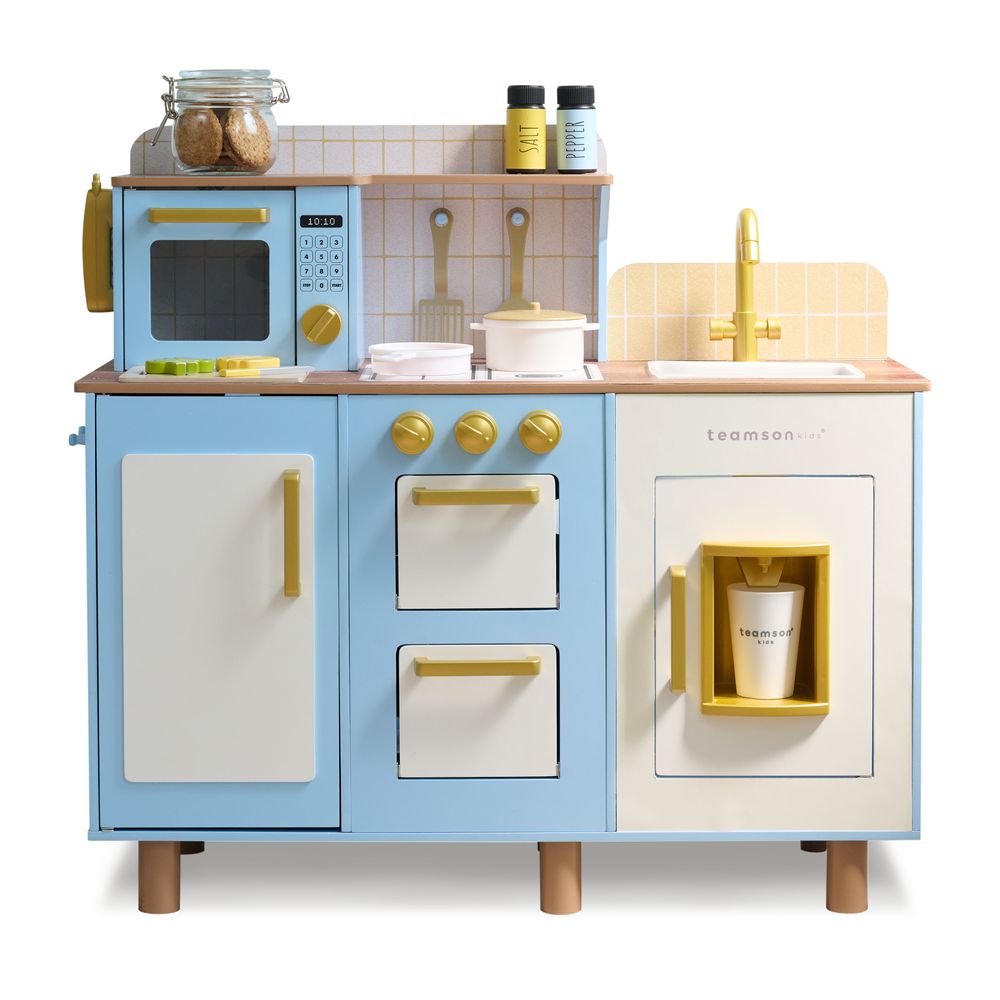 Teamson Kids - Little Chef Hampton Wooden Play Kitchen with Ice Dispenser & Sink - Blue - Preschool