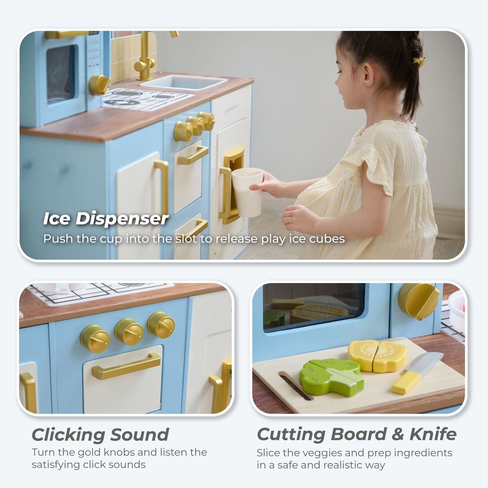 Teamson Kids - Little Chef Hampton Wooden Play Kitchen with Ice Dispenser & Sink - Blue - Preschool