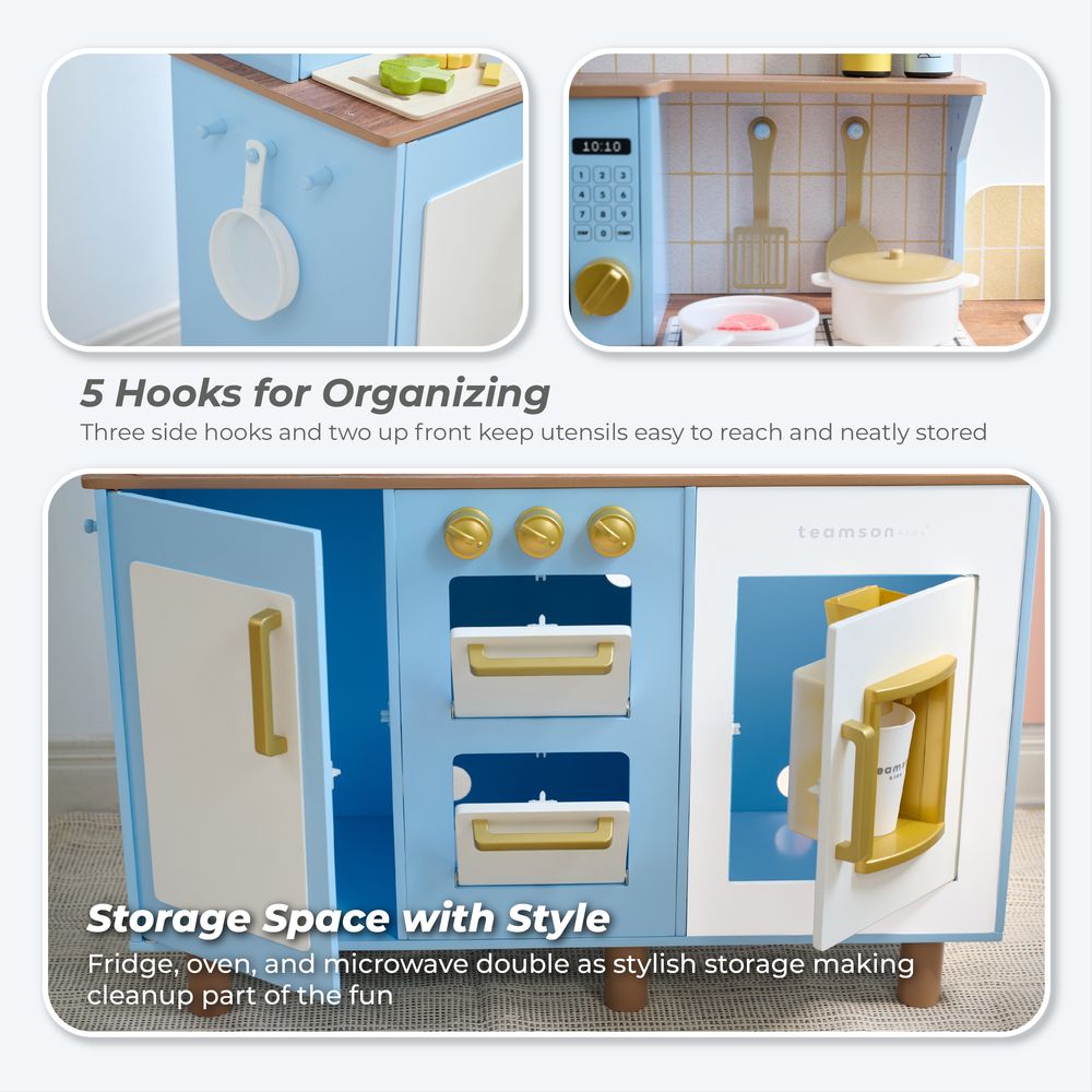 Teamson Kids - Little Chef Hampton Wooden Play Kitchen with Ice Dispenser & Sink - Blue - Preschool