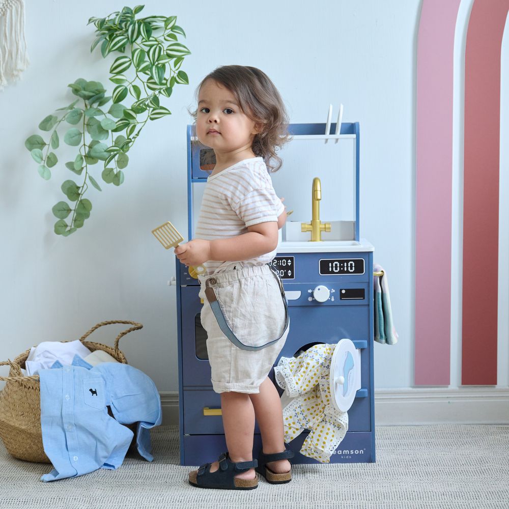 Teamson Kids - Little Chef Lake Tahoe Wooden Play Kitchen Washer & Mini Garden - Blue - Preschool