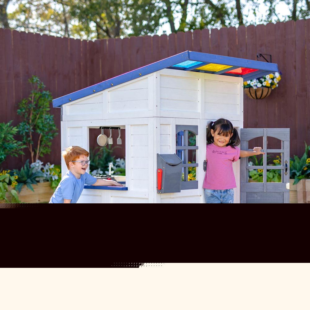 Teamson Kids - Rainbow Shade Wooden Playhouse with Kitchen, Flower Box & Bench - White - Outdoor