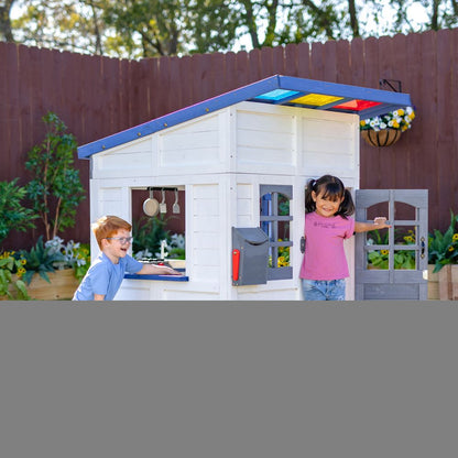 Teamson Kids - Rainbow Shade Wooden Playhouse with Kitchen, Flower Box & Bench - White - Outdoor