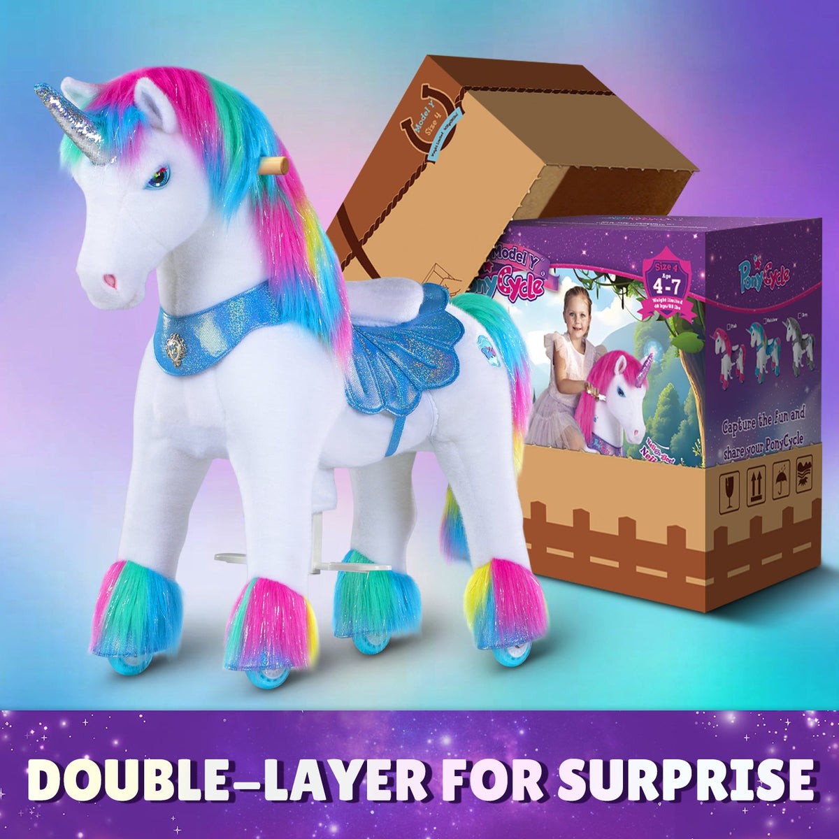 PonyCycle, Inc. - Rainbow Unicorn Model Y Ride on Toy - 4-7 Years - Outdoor
